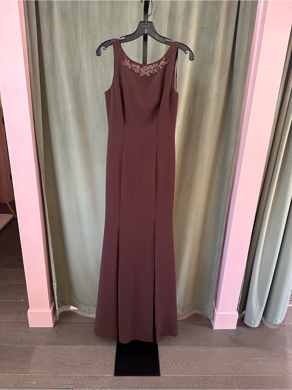 Theia Sleeveless Maxi Dress with Embroidered Neckline - Brown